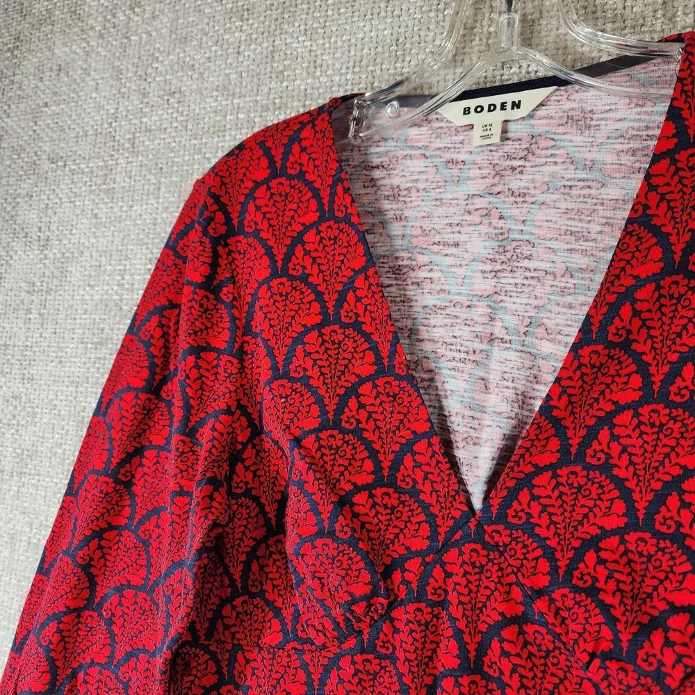Boden 100% Cotton Peplum‎ Top Womens 8 Red Blue Floral Fans Long Sleeve EUC
